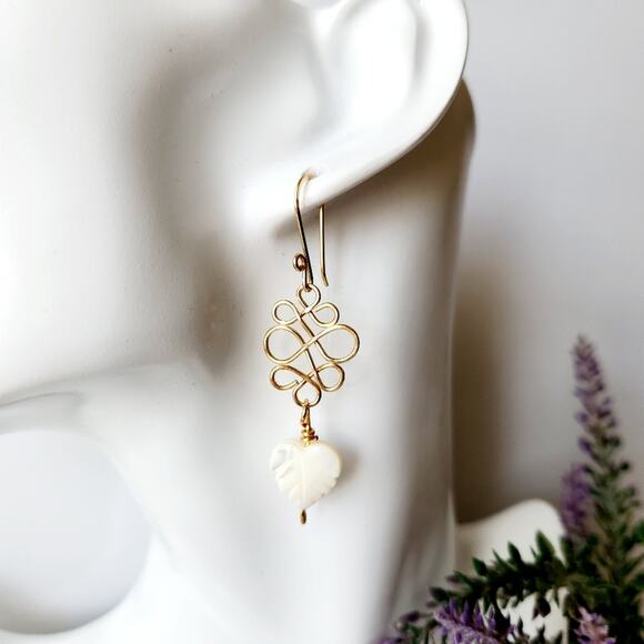 White Shell Heart Leaf Earrings / Gold Wire-Wrapped Dangle Earrings / Handmade - Picture 6 of 9
